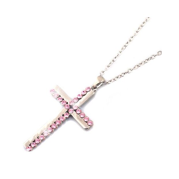 Collar con colgante de cruz de plata rodiada rosa