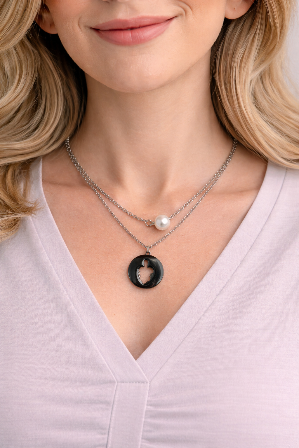 Collar de acero - Doble colgante & perla