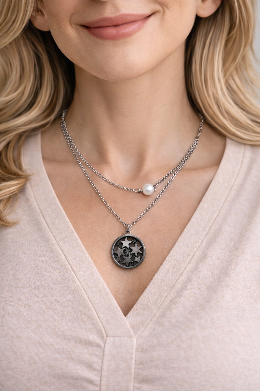 Collar de acero - Doble perla & estrellas