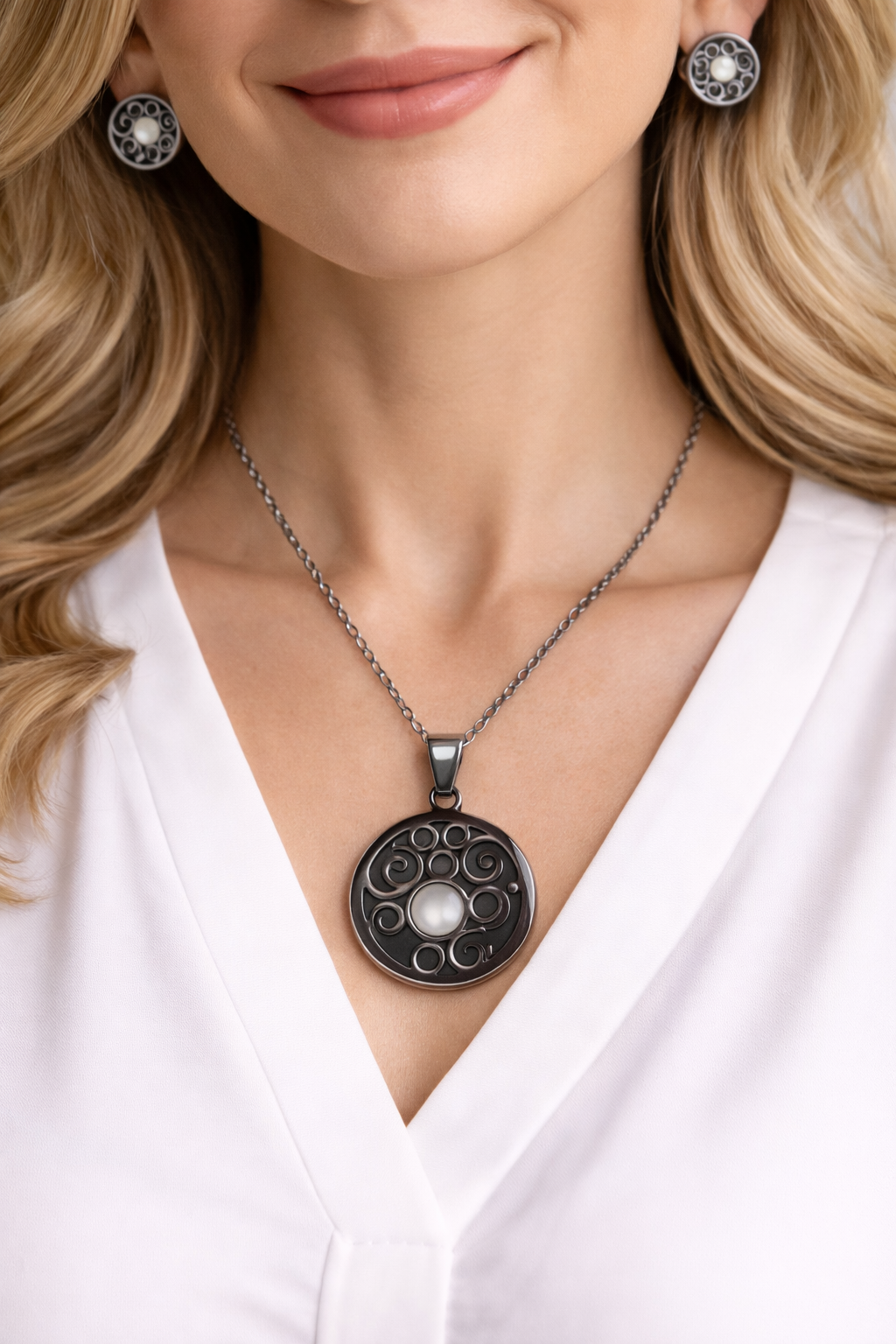 Conjunto de acero - plateado con perla