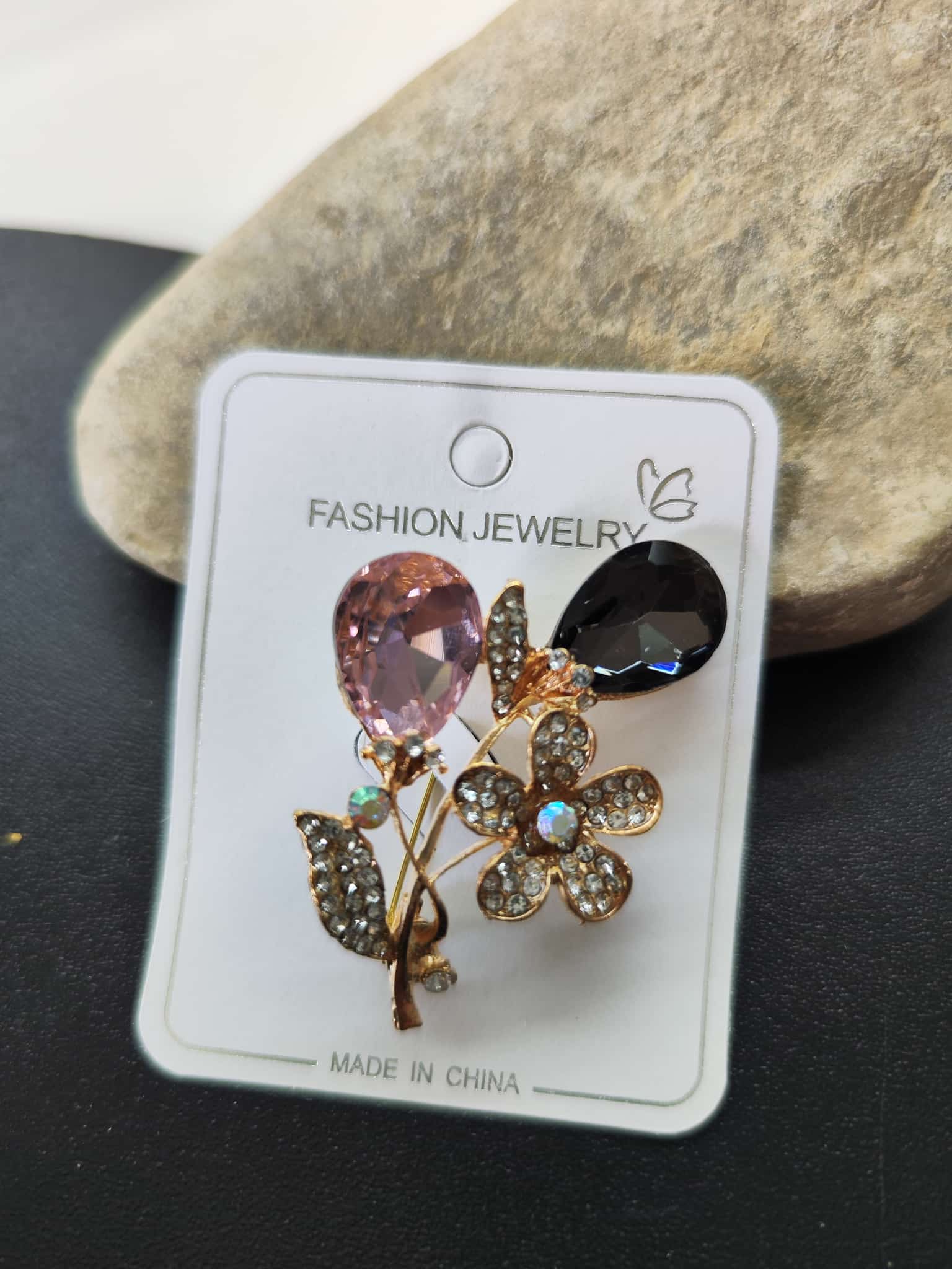 Broche - Big Flower negro & rosa