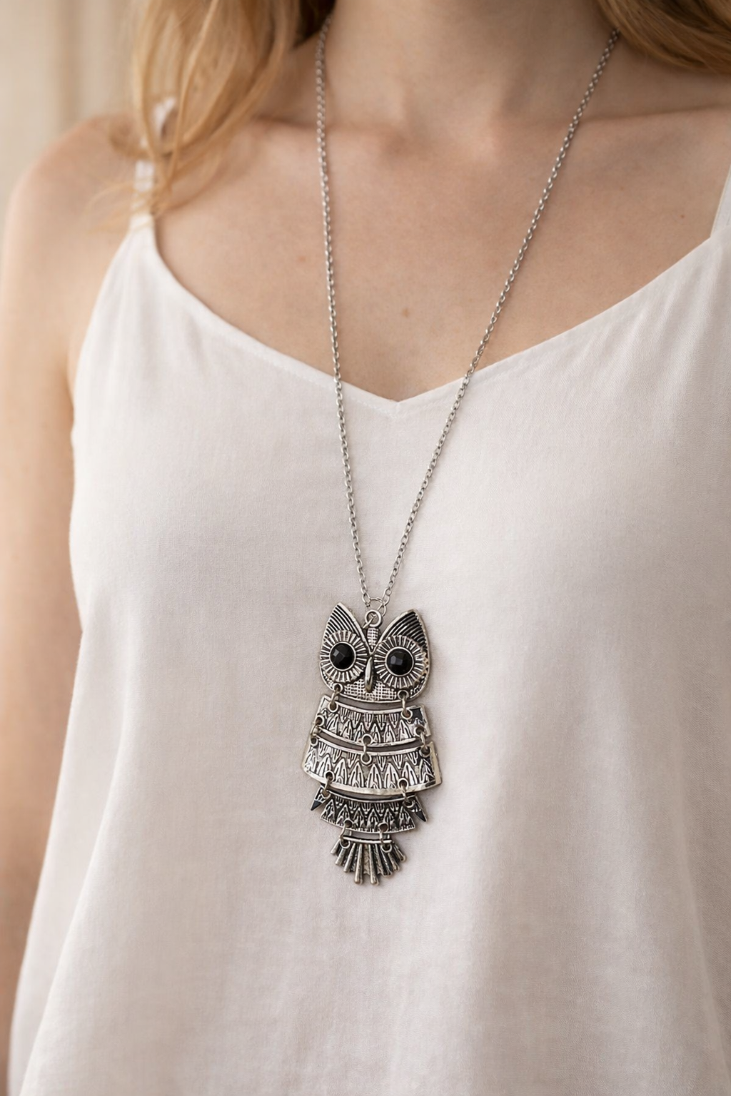 Collar larga - Bisuteria plateado Búho