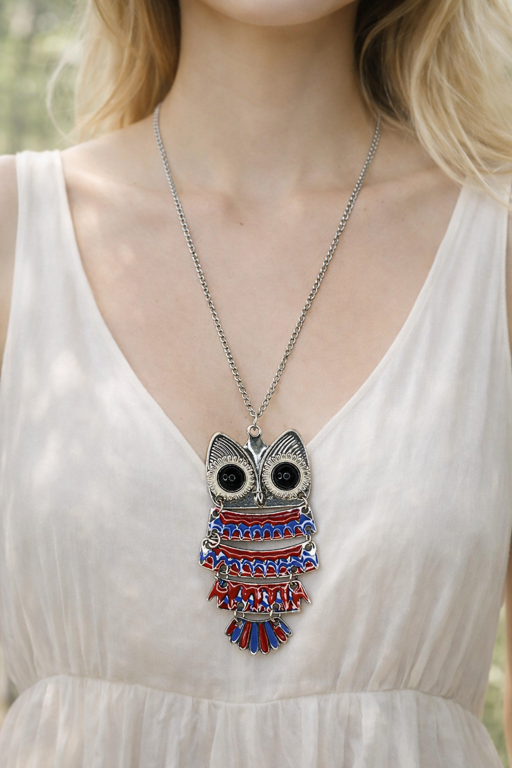 Collar larga - Bisuteria Buho azul/rojo