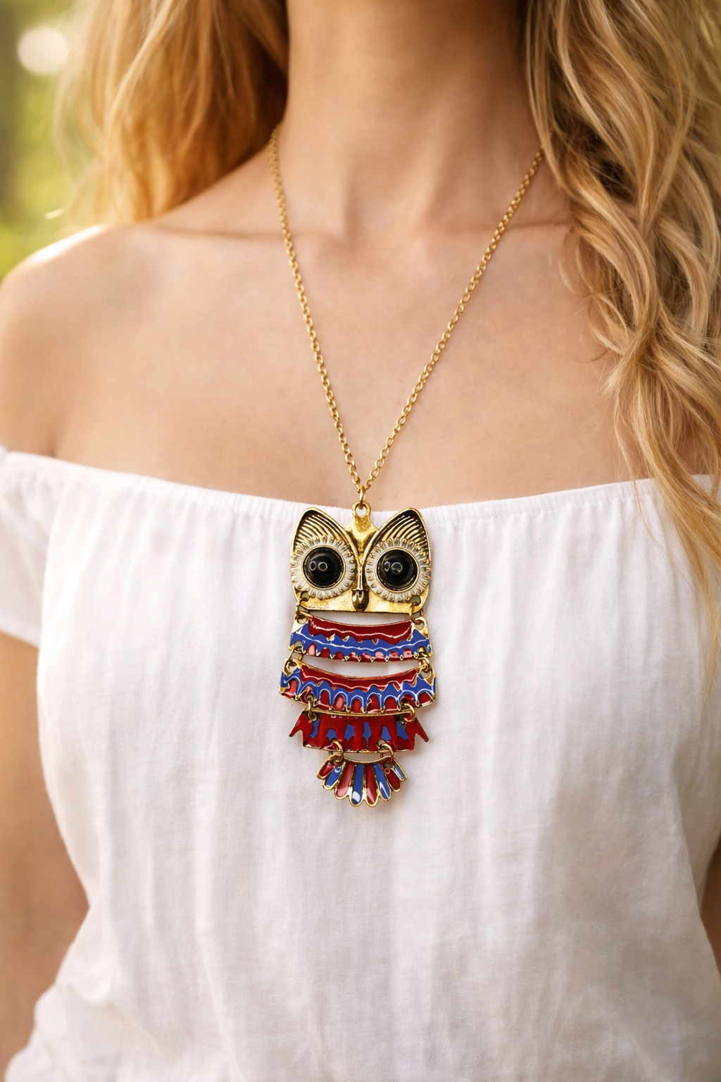 Collar larga - Bisuteria Buho dorado rojo