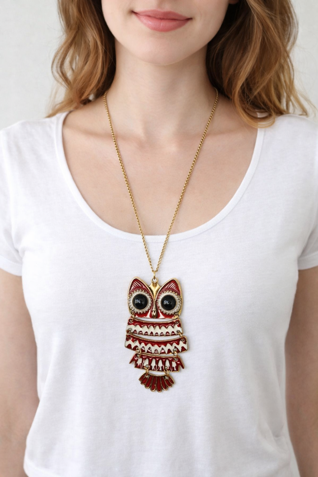 Collar larga - Bisuteria Buho dorado rojo